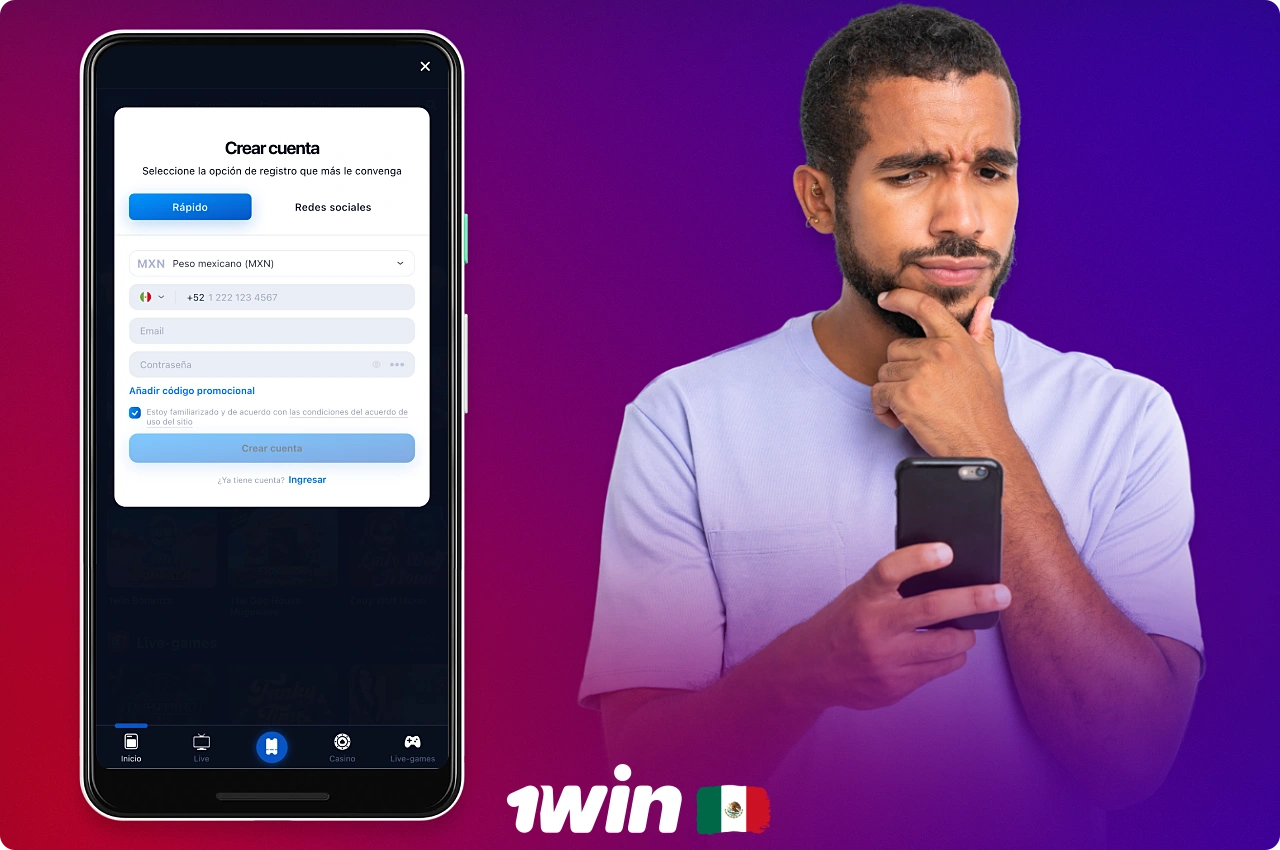 Los usuarios de 1win en México pueden registrarse en la aplicación de una de las formas disponibles
