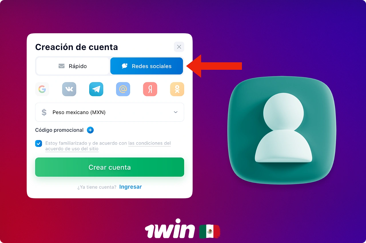 Los usuarios de 1win de México pueden utilizar las redes sociales para registrar una nueva cuenta