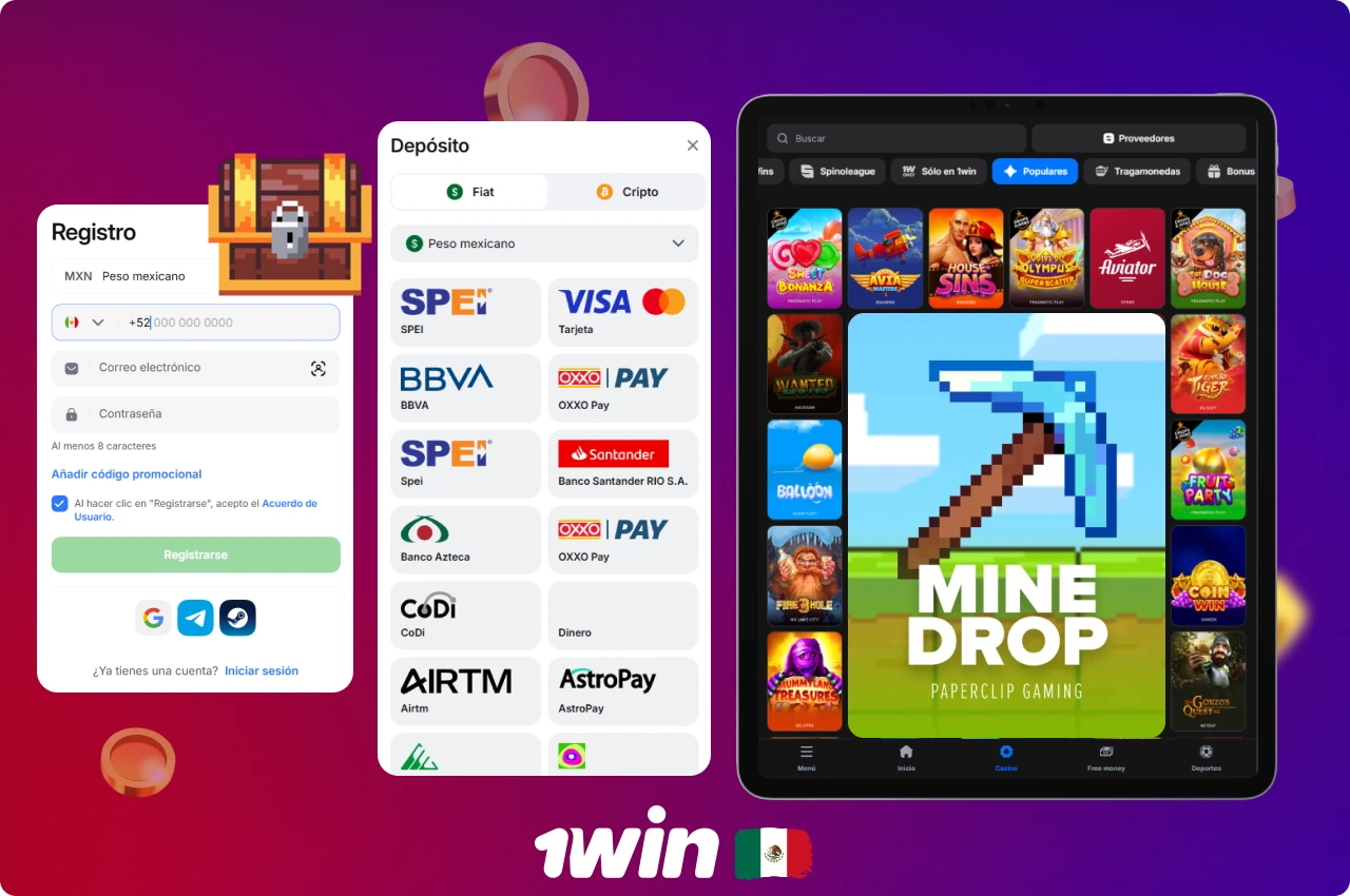 El inicio del juego MineDrop en 1win desde México incluye la realización de una serie de pasos